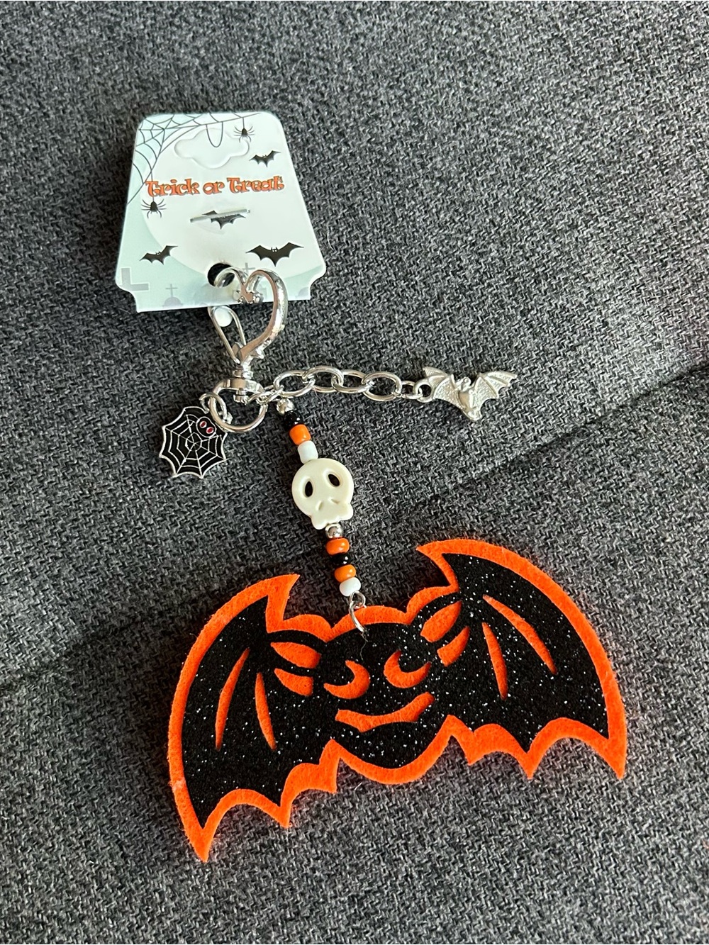 Halloween Sparkly Bat Purse Charm, Keychain, Orange, Black, Silver
